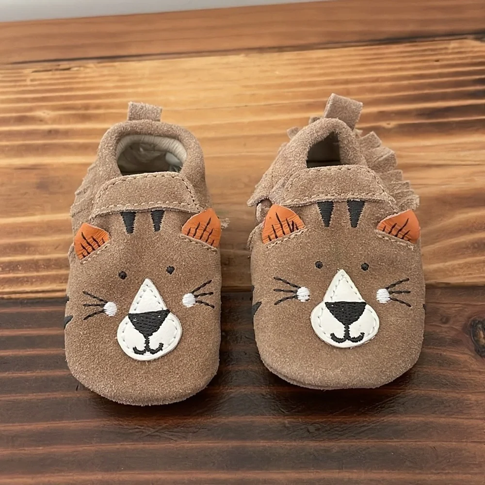 Robeez First Kicks Baby Shoes Critter Fringe Suede Leather Tigers 0-3 Months